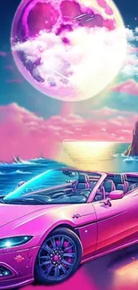 Vaporwave pink car under a large purple moon on ocean.