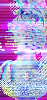 Vaporwave glitch art with neon statue and magenta background.