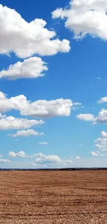 Vast open field under a bright blue sky with clouds.