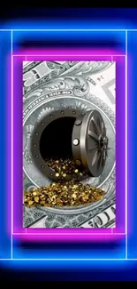 Vault with gold coins and neon glow wallpaper.