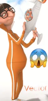 Vector character in orange tracksuit with shocked emoji.