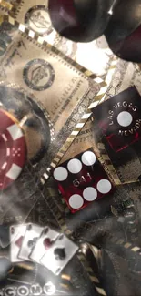 Vegas casino-themed wallpaper with chips, dice, and money in dark gold hues.