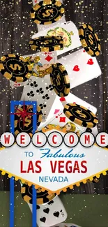 Vibrant Las Vegas casino-themed wallpaper with poker chips and playing cards.