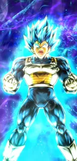 Vegeta in Super Saiyan God form with a vibrant blue aura.