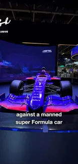 Futuristic blue and purple racing car on display, showcasing sleek design.