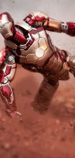 Superhero in red and gold armor in dynamic pose with ground impact.