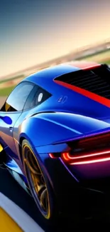 Sleek blue sports car racing on a track with vibrant colors.