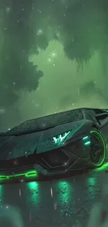 Futuristic car with neon green lights in a dark setting.