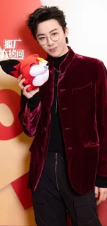 Velvet jacket fashion portrait with plush toy.