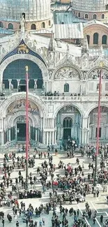 Aerial view of Venetian architecture with crowded plaza.