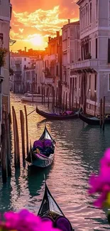 Venetian canal at sunset with gondolas and bright flowers.