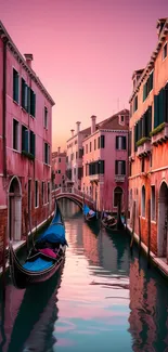 Venetian canal at sunset with gondolas.