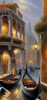 Venetian canal scene at dusk with gondolas and historic buildings.