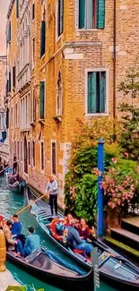 Venice canal with gondolas sailing in scenic view.