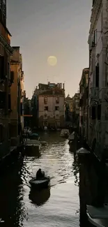 Venetian canal under the moonlight, evening view.