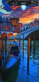 Venice gondola under an alien sunset sky with UFO.