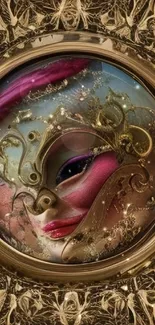 Elegant Venetian mask art wallpaper with gold ornamentation.