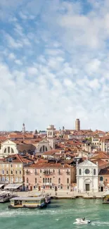 Venetian skyline with historic buildings and vibrant blue sky.