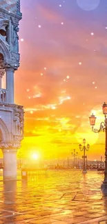 Venetian sunrise casting a glow on historic architecture.