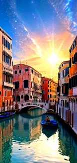 Venice canal sunset with vibrant sky and reflections.