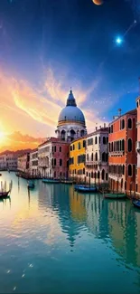 Venetian sunset with canal reflection and colorful buildings.