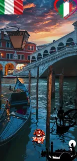 Venetian sunset with gondola and bridge, Italian flag detail.