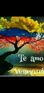 Colorful tree with 'Te amo Venezuela' text wallpaper.