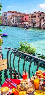 Vibrant Venice canal view with breakfast spread.