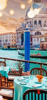 Venice canal dining with architectural backdrop.