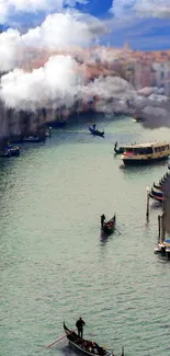 Venice canal with gondolas and clouds - mobile wallpaper.