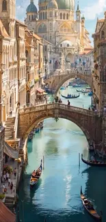 Scenic view of Venice canal with gondolas and bridges.