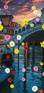 Gondola in Venice with flowers and sunset.