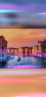 Vibrant sunset over Venice canal with historic buildings.