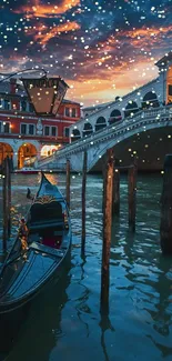 Venice gondola with sunset near the Rialto Bridge, reflecting in the canal waters.