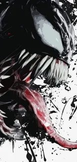 Venom character artwork with sharp fangs, black and white theme.