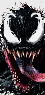 Black and white Venom illustration with vivid details.