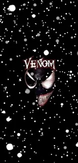 Venom face with snow effect as a mobile wallpaper background.