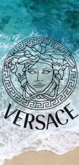 Versace Medusa logo against blue ocean waves background for mobile wallpaper.