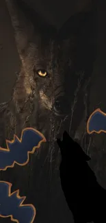 Silhouette of a wolf howling by a fox with bats in the background.