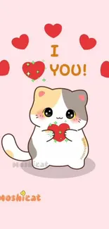 Cute illustration of a cat with hearts on a pink background.