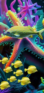 Colorful underwater wallpaper with fish, starfish, and coral.