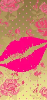 Wallpaper with pink lips on a floral background