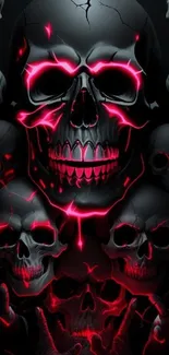 Dark skull wallpaper with red neon glow effect.