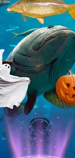 Surreal image of fish with Halloween elements like a ghost and pumpkin underwater.