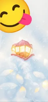 Cozy winter scene with emoji and glowing lamp on snowy background.