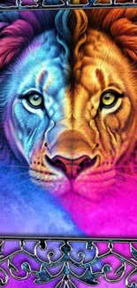 Vibrant dual-toned lion artwork in pink and blue hues.