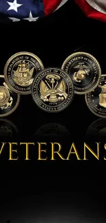 Patriotic veterans mobile wallpaper with military seals and soldier silhouettes.