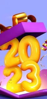 Vibrant 2023 wallpaper with golden numbers in 3D gift box.