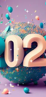 Festive 2023 wallpaper with balloons and confetti on a purple background.