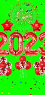 Festive 2023 wallpaper with balloons, fireworks, and confetti on bright green background.